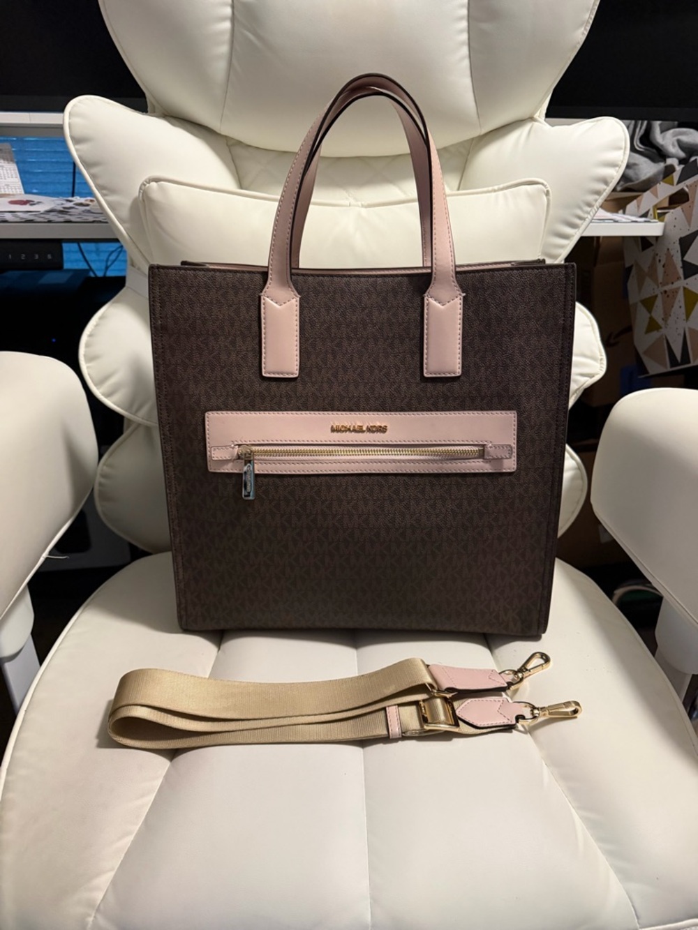 Michael Kors Brown Logo Tote with Pink Trim and Beige Strap - Picture 2 of 7